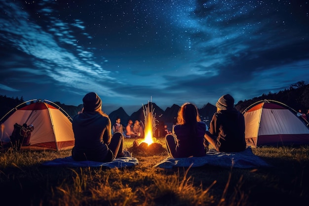 Tourists sit around a brightly blazing campfire near tents under a night sky