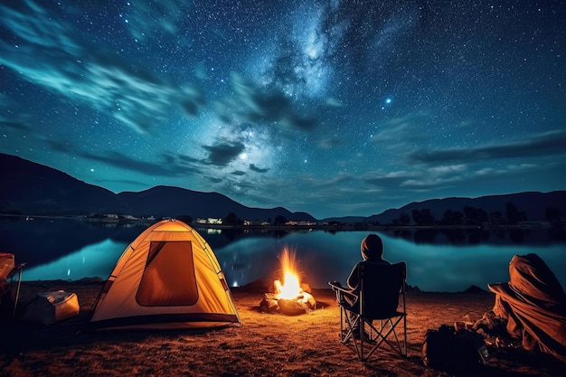 Tourists sit around a brightly blazing campfire near tents under a night sky