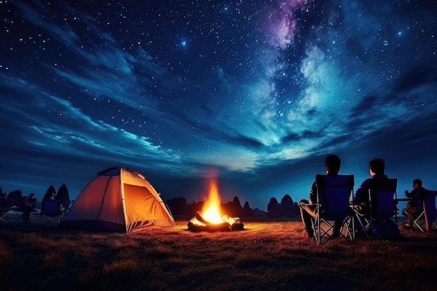 Tourists sit around a brightly blazing campfire near tents under a night sky