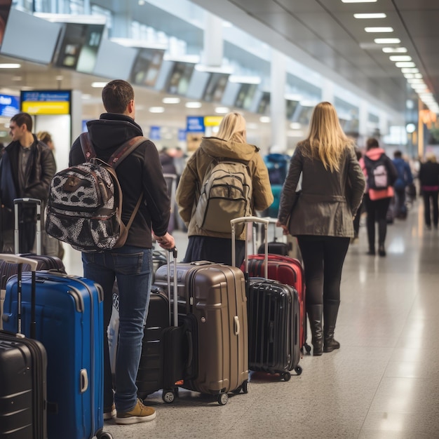 Foto vengono generati turisti in piedi con i bagagli in coda nel terminal dell'aeroporto