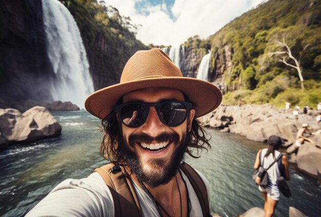 Tourists taking selfies in front of the waterfall