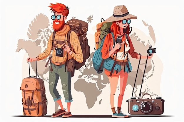 관광객과 여행자는 배낭 수하물 지도와 사진 카메라로 행복한 캐릭터 애호가로 전 세계 신혼여행을 여행합니다.