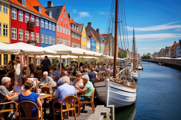 写真 観光客がコペンハーゲンのニューハウンを訪れる デンマーク ニューハウンはコペンハーゲンの人気観光スポット ニューハウン コペンハーゲン デンマーク ai 生成
