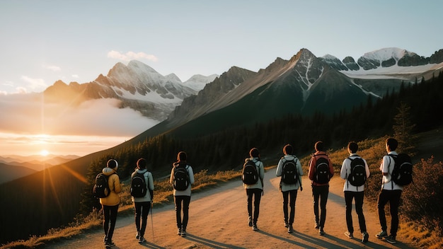 Tourists walk along a mountain road in the mountains a general plan a panorama of beautiful nature