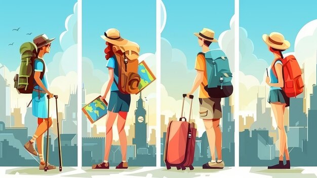 Photo tourists with backpack suitcase and map on cityscape background modern vertical posters of vacation trips and tourism with cartoon illustrations of people traveling