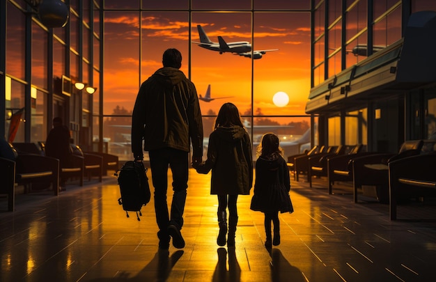 Tourists with child in arrival terminal Travelling family on sunset airport Generative AI