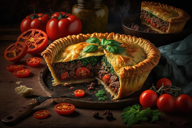 Tourtiere with beef and cherry tomatoes baked into a pie Pie with minced beef