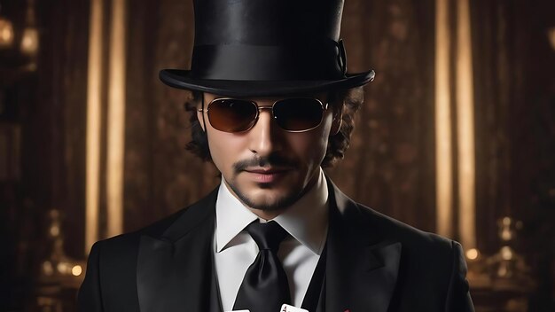 Tovenaar in een zwart pak, zonnebril en hoed die een truc toont met speelkaarten op een donkere achtergrond