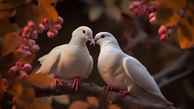 привлекательные романтические голуби сидят вместе на ветке