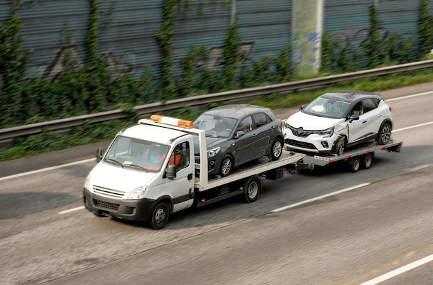 損傷したフロントバンパーを持つ車を修理とサービスのために運ぶ牽引トラック