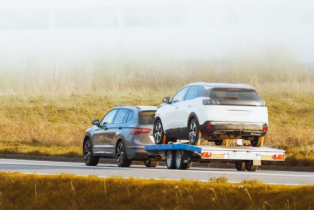 Tow truck transports a car on the highway