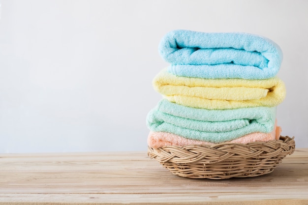 towel on basket on wood table