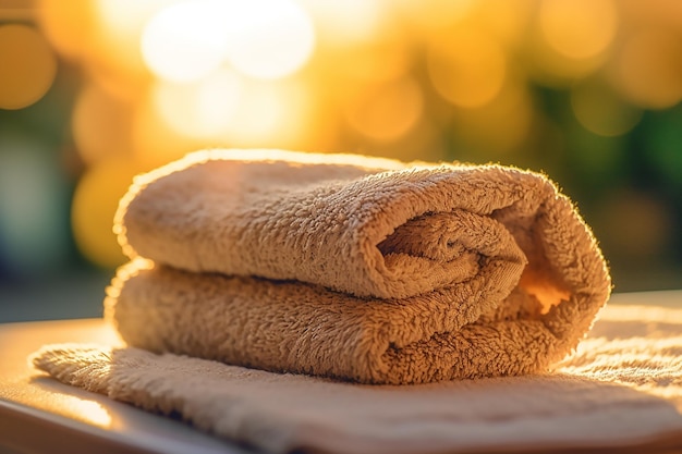 Towel on a bed is folded up and is on a table