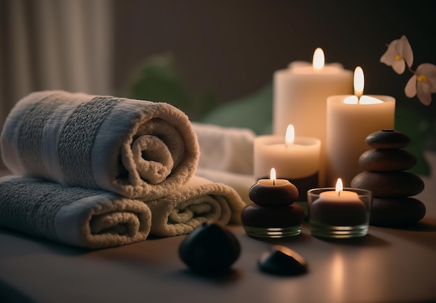 A towel and candles with a candle on it