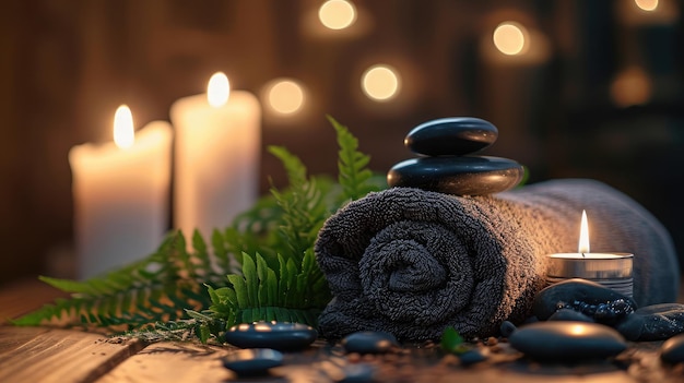 Towel on fern with candles and black hot stone on wooden background Hot stone massage setting lit by candles Massage therapy for one person with candle light Beauty spa treatment and relax concept