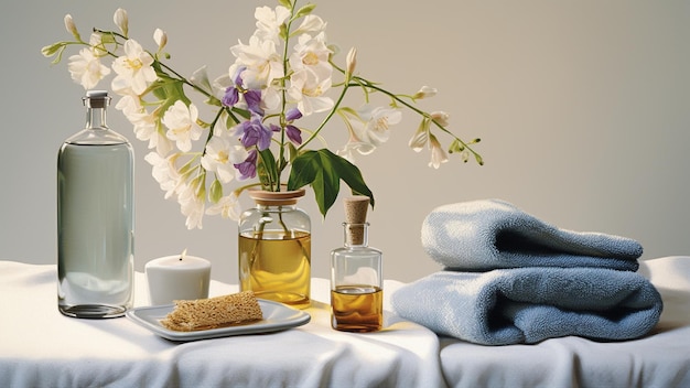 Towel oil bottles and flowers for an aromatherapy spa treatment soft mist image