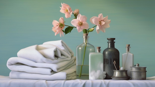 Towel oil bottles and flowers for an aromatherapy spa treatment soft mist image