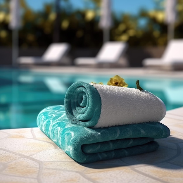 A towel on a pool table with a pool in the background