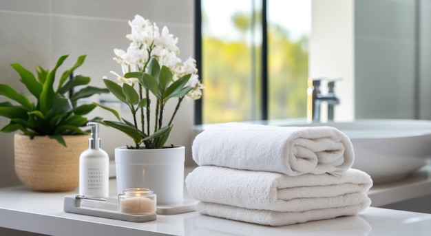 towel on table in bathroom