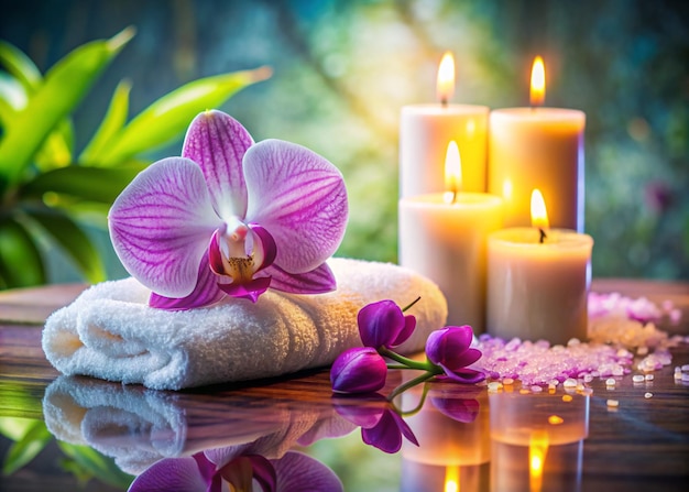 a towel with purple orchids and a white towel on it