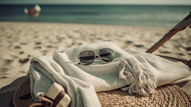 A towel with sunglasses on it and a scarf on it.