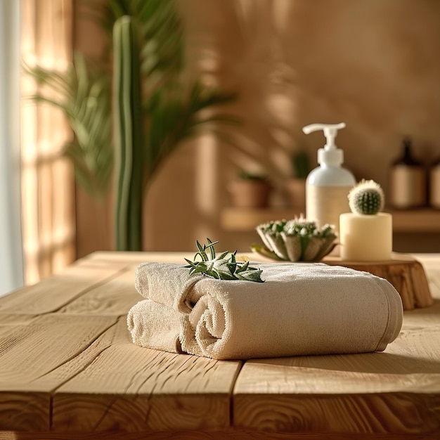 Towels are propped up on wooden table next to plants