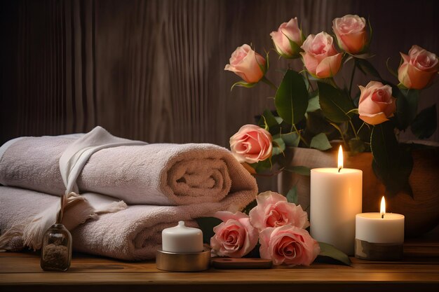 Towels candles flowers and a wooden table spa set