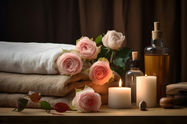 Photo towels candles flowers and a wooden table spa set