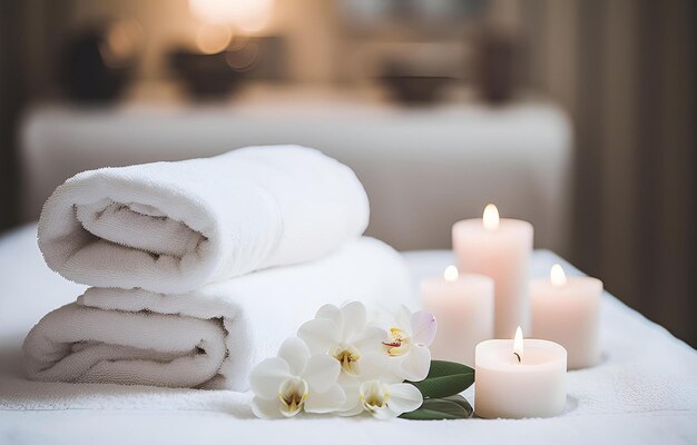 Towels and candles on massage table in spa salon Place for rela