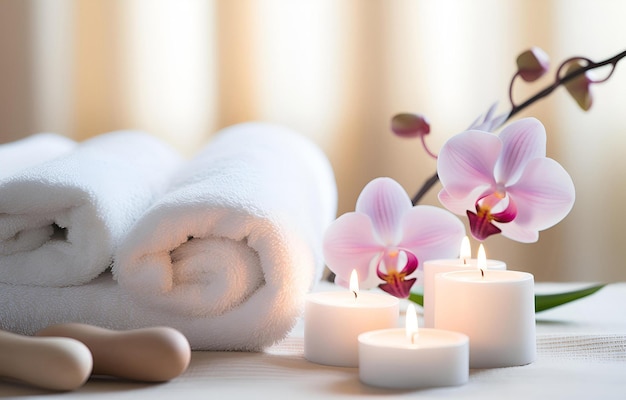 Photo towels and candles on massage table in spa salon place for rela
