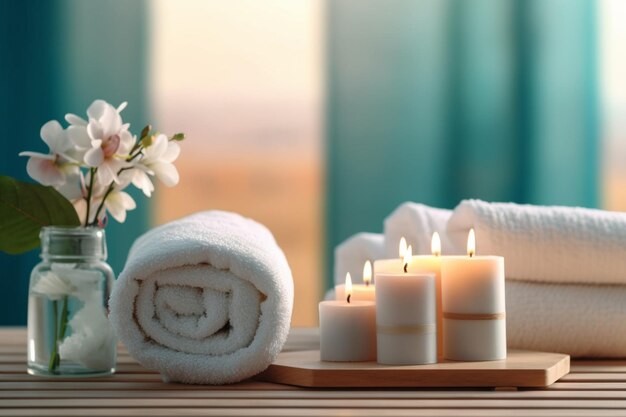 Towels and candles on a table with a vase of flowers