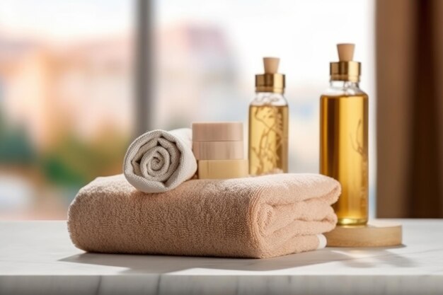 Towels and ceramics shampoo or soap on top marble table in bathroom background