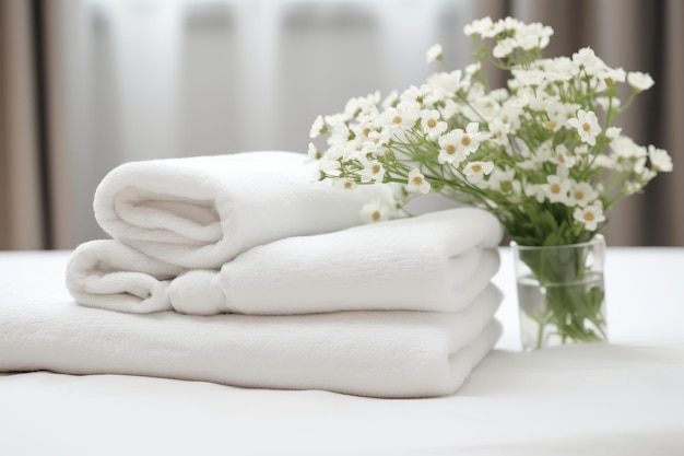 Towels and lily of the valley on table in room