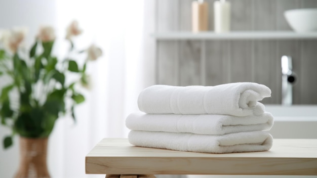 Towels on a table in a bathroom