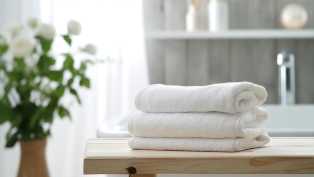 Towels on a table in a bathroom