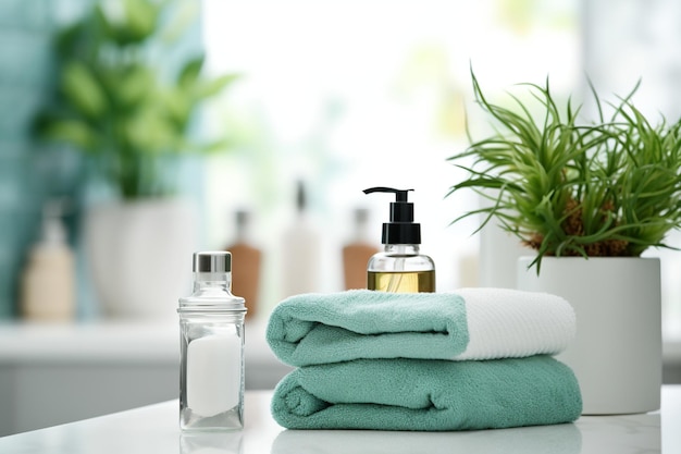 Towels on a table with a bottle of soap and a bottle of soap.