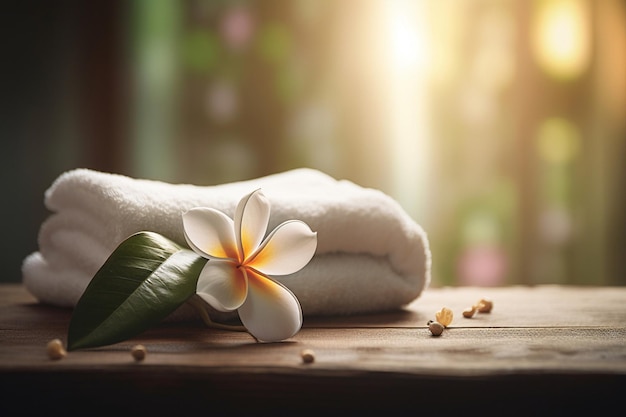 Towels on a table with a flower on it