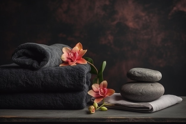 Towels on a table with a flower on the right side