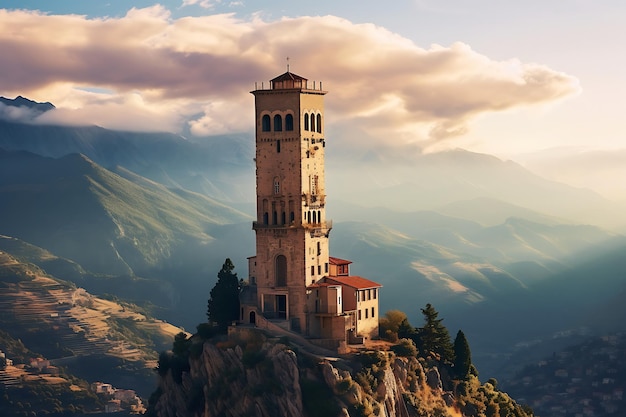 Tower in the arachova mountain town in greece