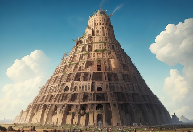 The Tower of Babel with a multitude of people a