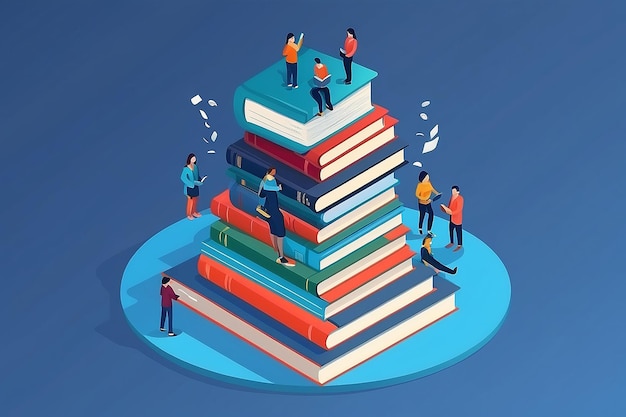 A tower of books with reading people Educational concept Online library Online education isometric flat design on blue background Vector illustration
