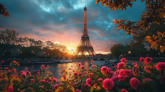 Photo tower by the river at sunset