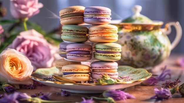 Photo tower of colorful french macarons on white platter