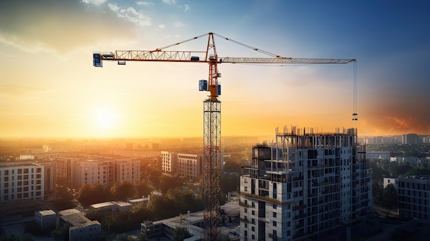 Tower Crane on a Dynamic Construction Site with Buildings in Progress in the Background