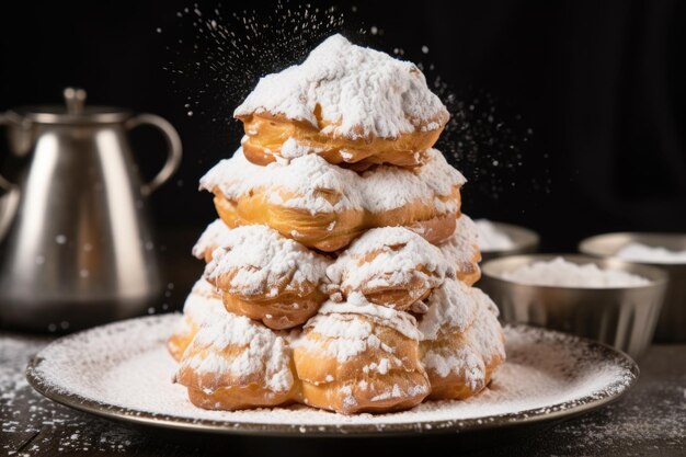 A tower of cream puffs with a dusting of powdered sugar