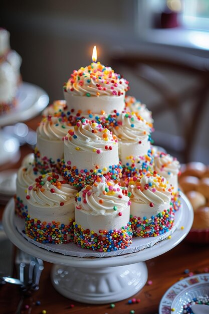 A tower of cupcakes with rainbow sprinkles and a single candle