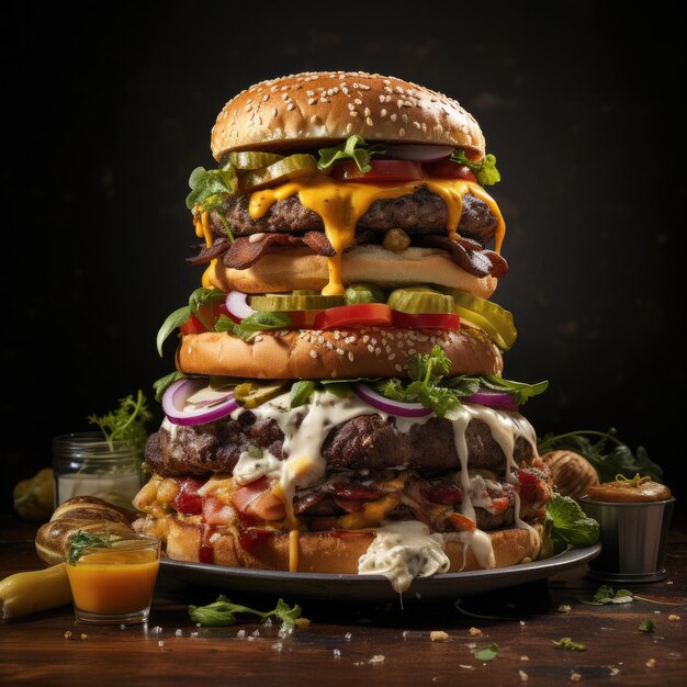 Tower of delicious burgers and cheeseburgers with lettuce tomato onion and sesame seed bun on dark background