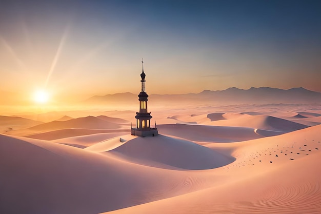 A tower in the desert at sunset