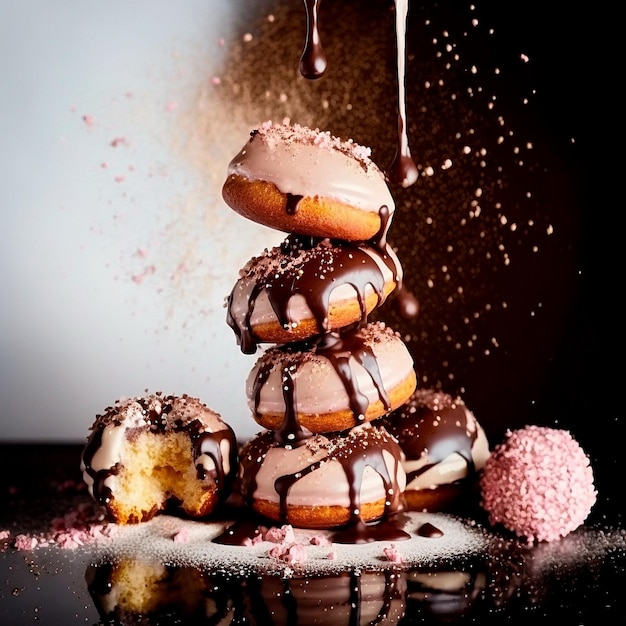 A tower of donuts covered with icing on a dark background