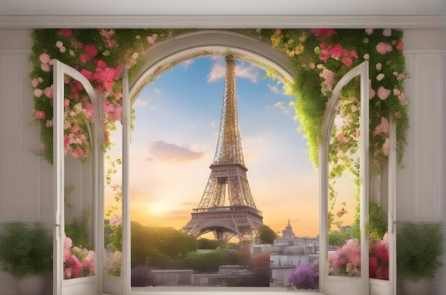 tower from a window with flowers in the foreground